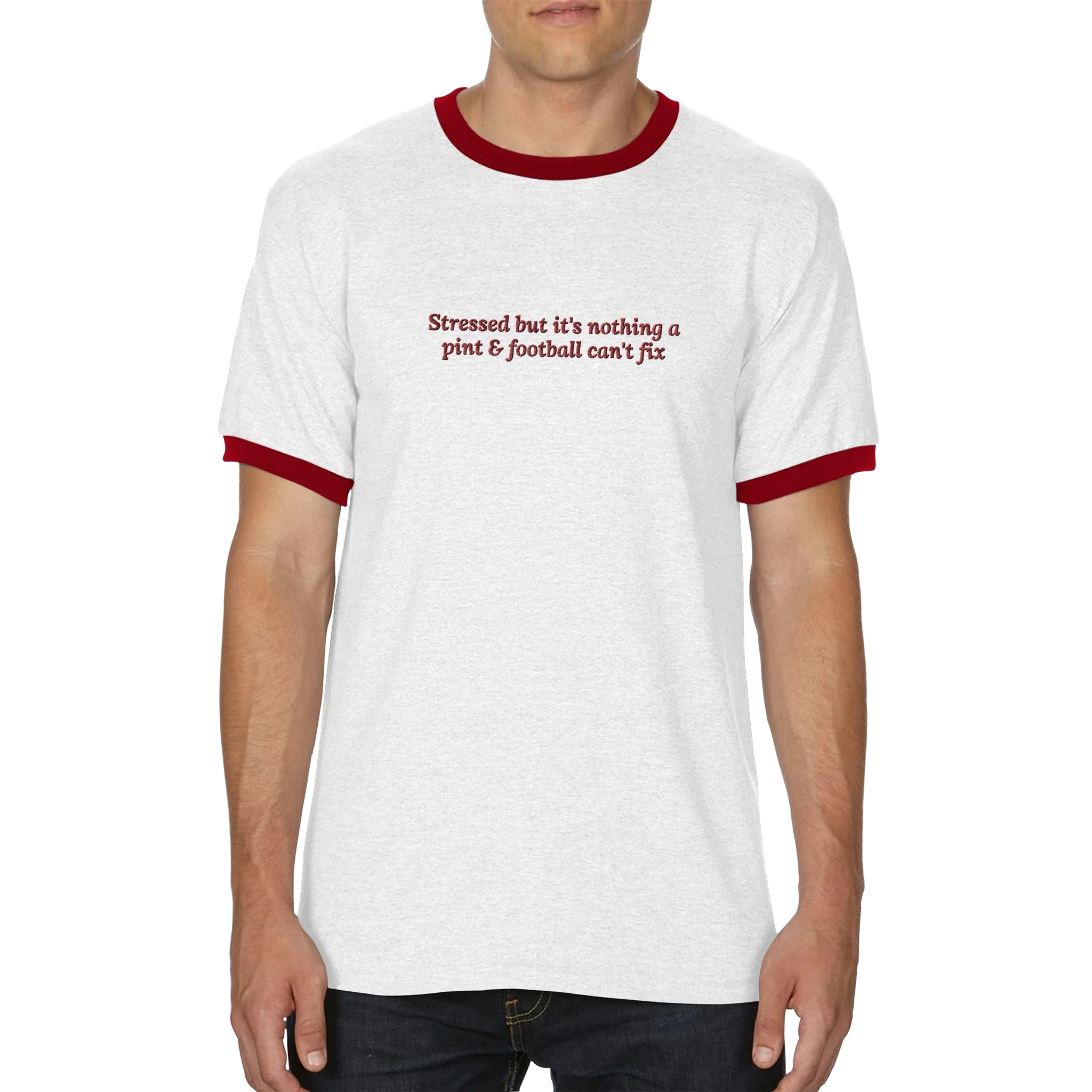 Stressed But It's Nothing A Pint & Football Can't Fix T-shirt White and Red - Image 3