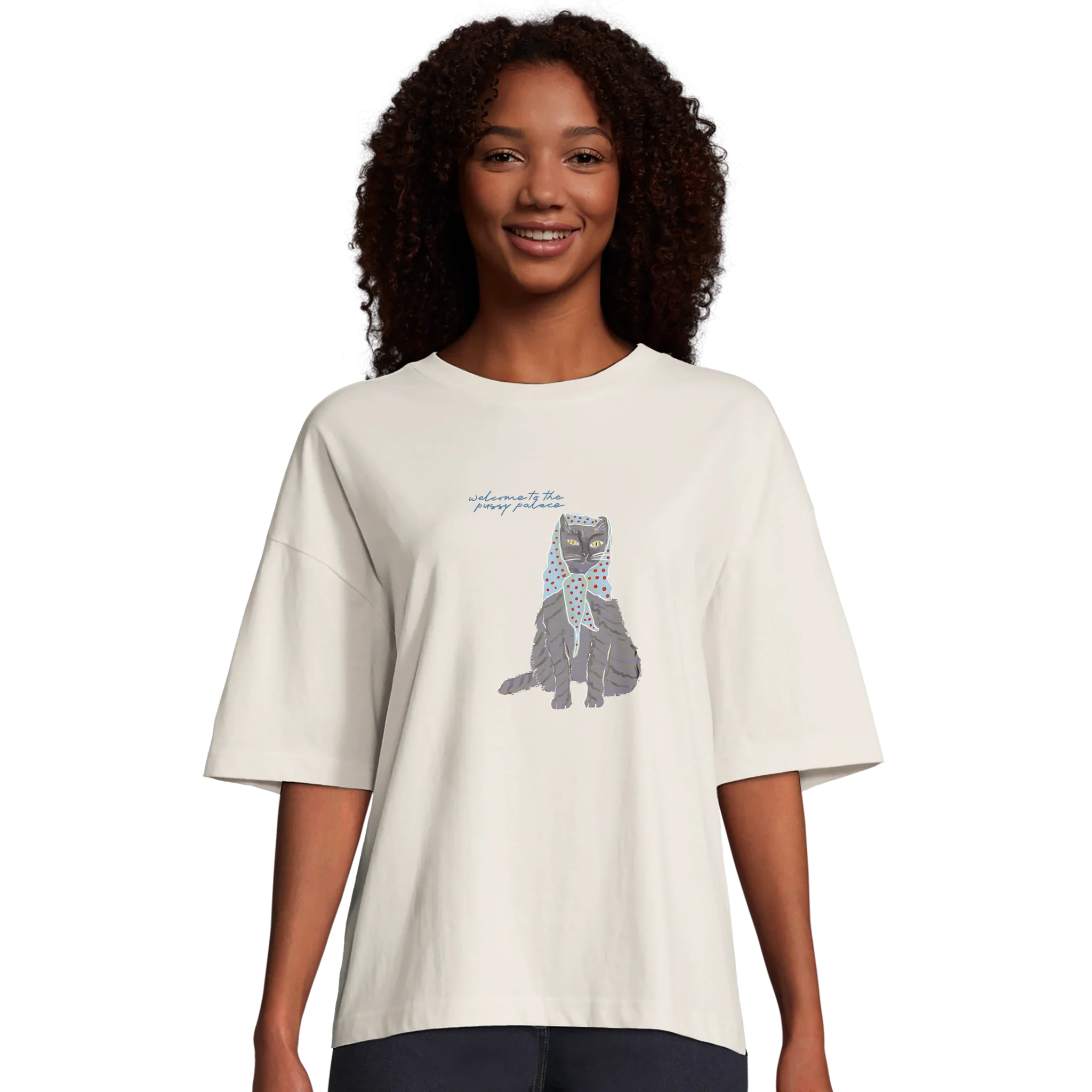 Welcome To The Pussy Palace Grey Cat Oversized T-shirt - Image 5